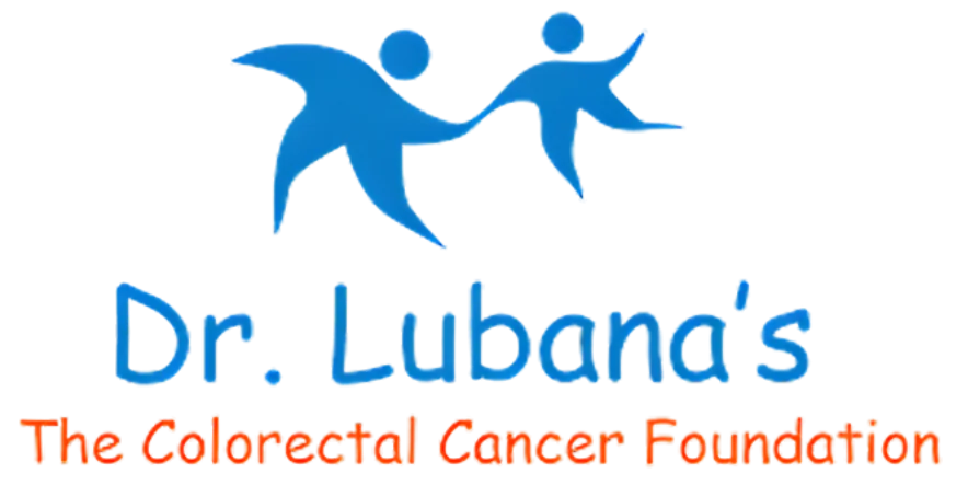 Dr. Lubana’s Colorectal Cancer Foundation logo with blue human figures and orange text representing colorectal cancer awareness and surgical care.
