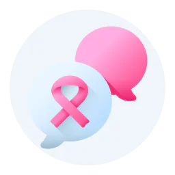 Medical support and cancer awareness icon featuring speech bubbles with a pink ribbon symbol representing healthcare communication and patient support.