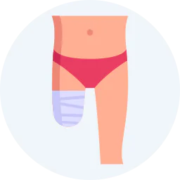 Medical icon illustration showing a person with a leg amputation and prosthetic support, representing limb loss, rehabilitation, and disability care.