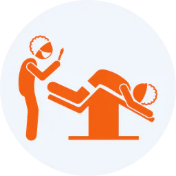Medical icon illustration showing a doctor examining a patient in a surgical position, representing colorectal examination, proctology consultation, or rectal treatment.