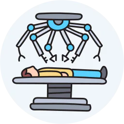 Medical icon illustration of robotic surgery showing a robotic surgical system performing a minimally invasive operation on a patient in an operation theatre.