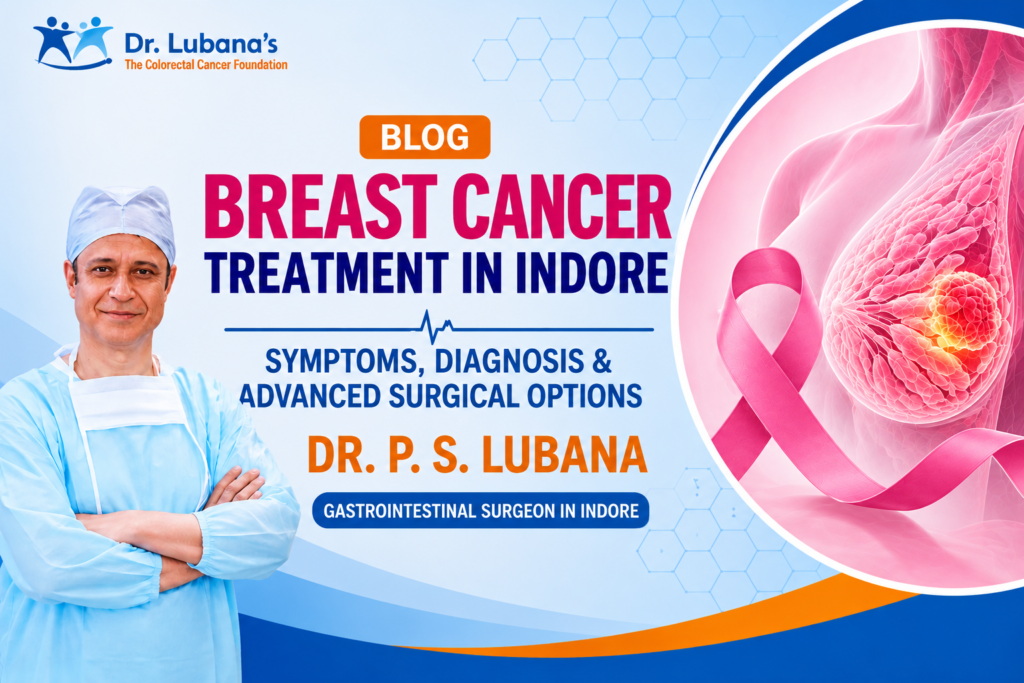 Breast cancer treatment in Indore blog banner featuring Dr. P. S. Lubana, breast cancer symptoms, diagnosis and advanced surgical options